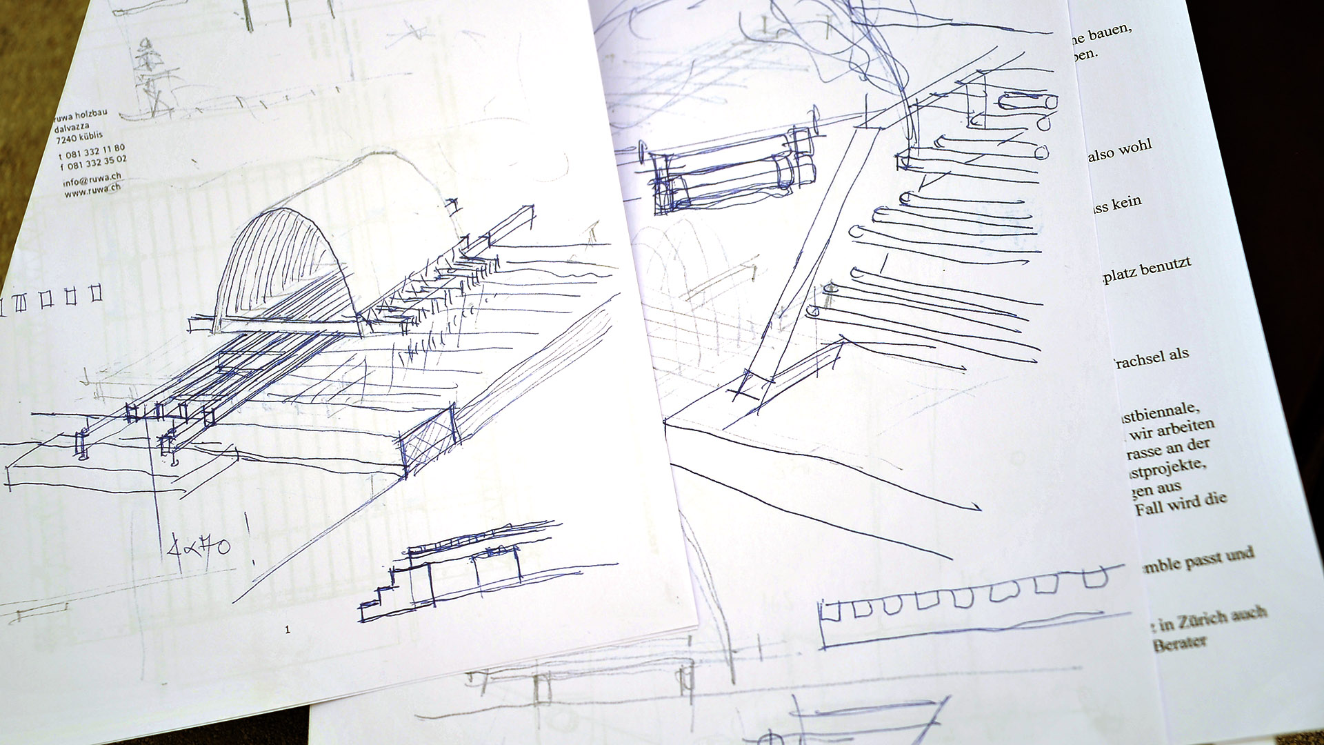 Pläne für den Pavillon von RUWA Holzbau, entworfen von Thomas Schnyder, Architeam 4.